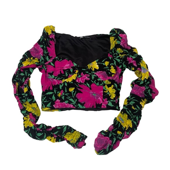 Zara Floral Top Long Sleeve Cropped Size XS - Picture 2 of 9